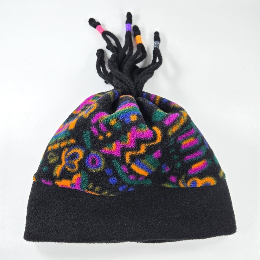The Mews Polartec Fleece Beanie 90s Y2K Neon Abstract Beaded Tassel Ski Hat USA